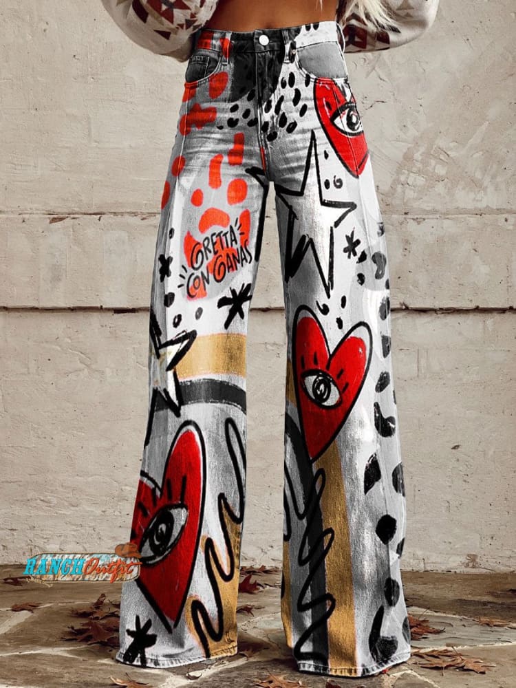 Women’s Vintage Print Casual Wide Leg Pants Multicolor / S