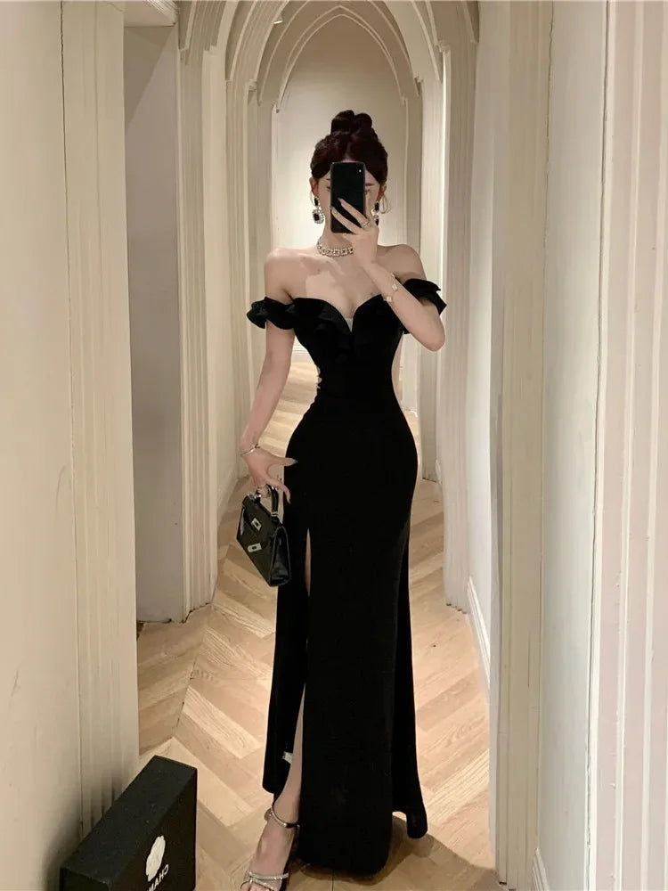 Aiertu Ruffled One Shoulder Strapless Evening Dress Women 2024 Spring Summer Elegant High Waist Slim Wrapped Slit Long Dresses Aiertu