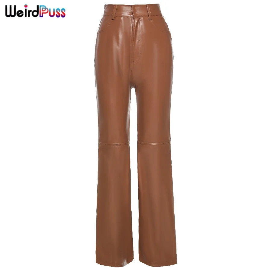 OrangeA Fashion Y2K Faux Leather Pants Women Straight Pockets Summer Elegant High Waist Trousers Office Lady Slim Vintage Pants