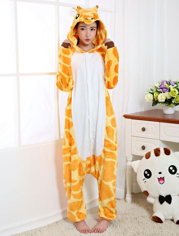 Giraffe Kigurumi Pajama Onesie Flannel Animal Sleepwear Adult Jumpsuit With Zipper Back Halloween Costume Novameme