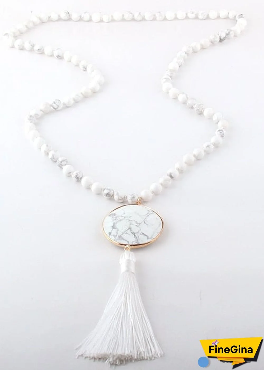 Boho Necklace, RH Amazonite Jasper, Circle Tassel Green White Natural Stone