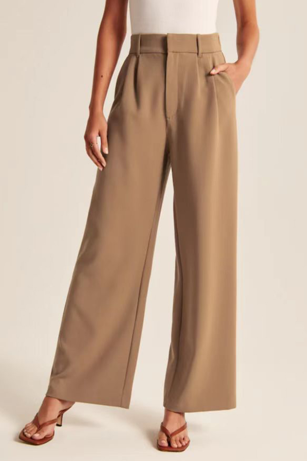 Plus Size Everyday Khaki High Rise Front Pleated Wide Leg Pants 2024 - Flycurvy 