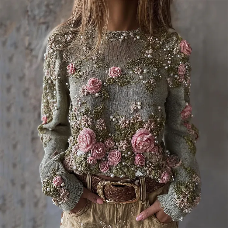 Vintage Pink Roses Pearls Embroidered Cozy Knit Sweater