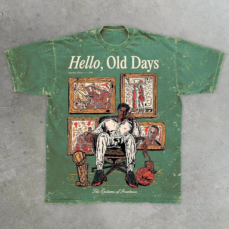 Retro Fashion Old Times Graphic Acid Washed Short Sleeve T-Shirt