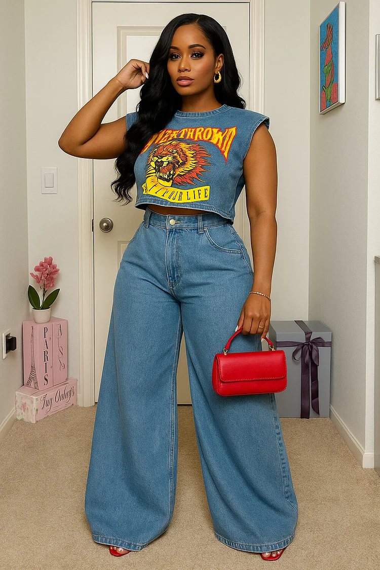Lion Print Sleeveless Top Wide Leg Pants Denim 2pcs Set-Blue [Pre Order]