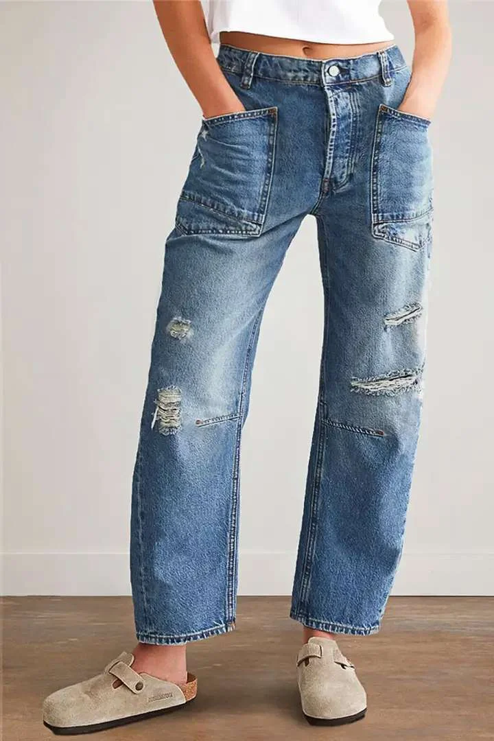 Women's Retro Ripped Straight Pants Casual Splicing Loose Jeans