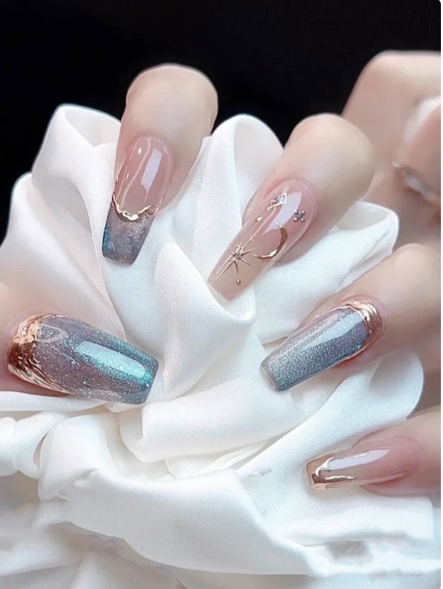 Blue Wish | Coffin | Handmade | Original Design | Press-on Nails | Pearl Manicure | Extra-Long