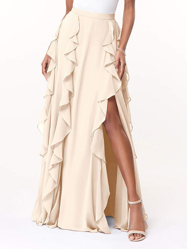 Elegant Pleated Leg Slit A-Line Floor Length Skirts