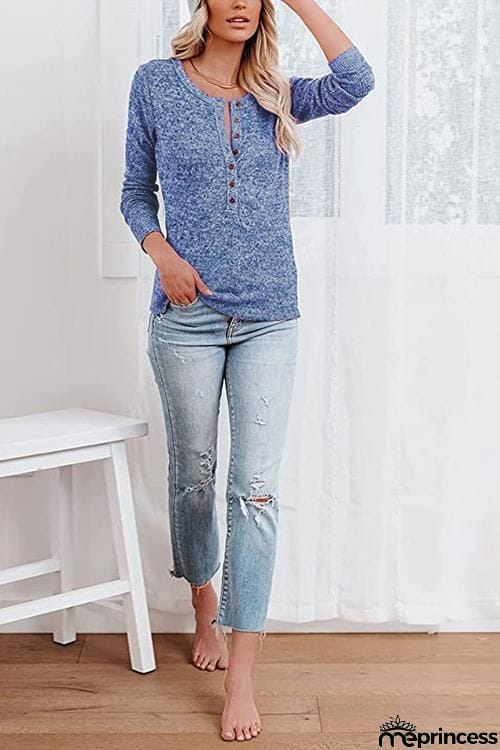 Button O Neck Knit Long Sleeve Top
