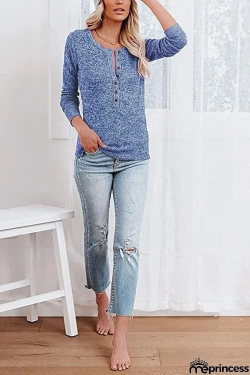 Button O Neck Knit Long Sleeve Top