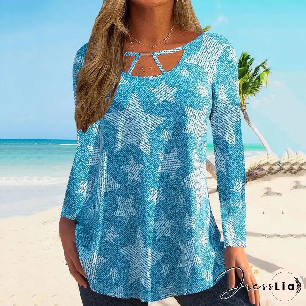 Cutout Neck Star Graphic Stripe Long Sleeve Shirt