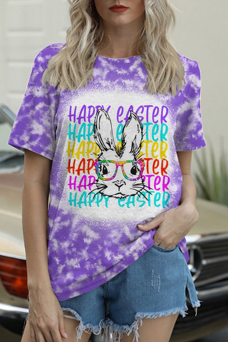 Happy Easter Rainbow Bunny With Glasses Tie Dye Print O Neck T-shirt
