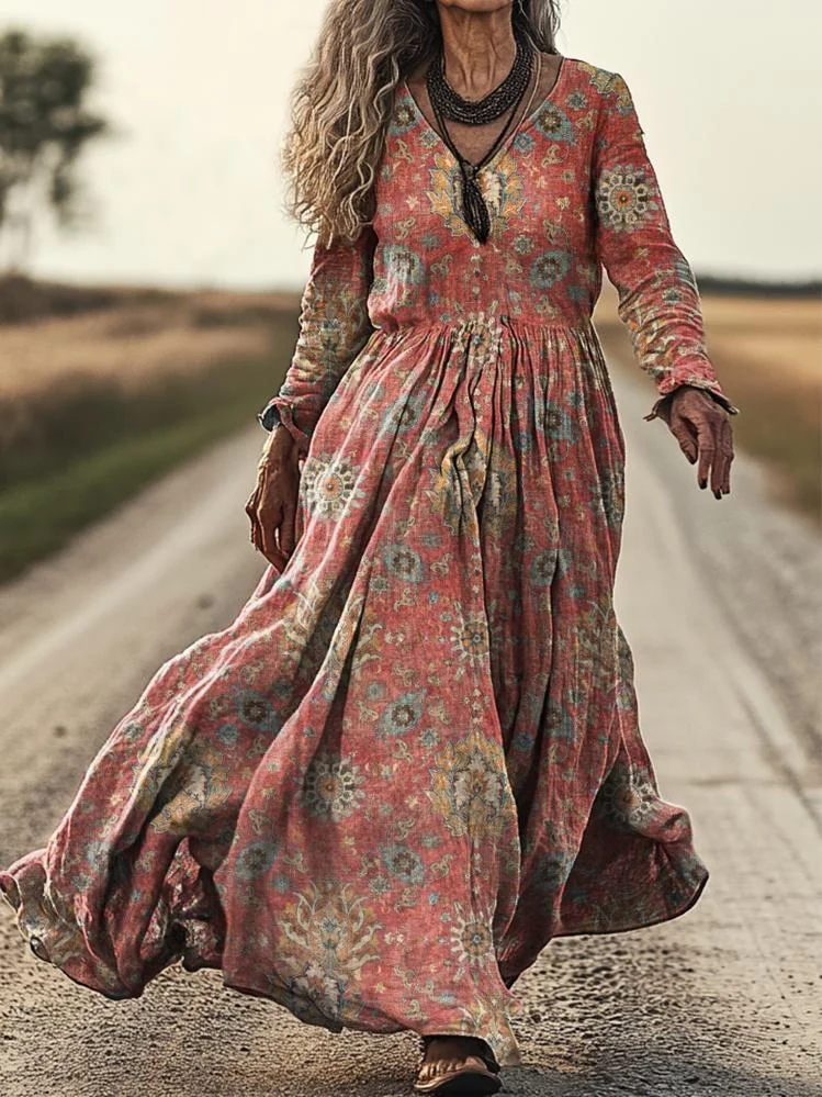 Women's Vintage Ethnic Totems Print Casual V-Neck Pocket Cotton Dress