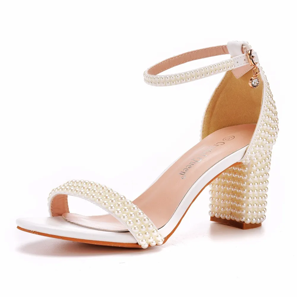 Breakj Breakj Cm Thick Heeled Shallow Word With Sandals Round Head Square Thick Heel Sandals White Pearl Sandals Wedding Shoes