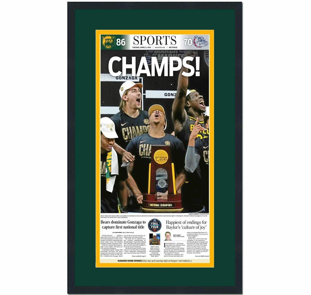 Framed Waco Tribune-Herald Baylor 2021 Champions Newspaper 17x27 Cover Photo Poster painting V2