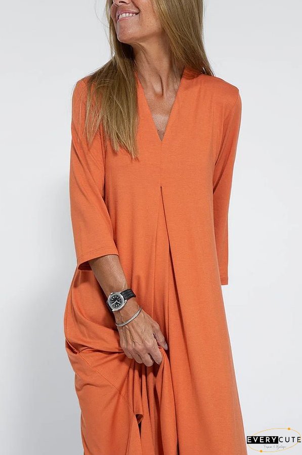 Women Casual V Neck Solid Color Maxi Dress
