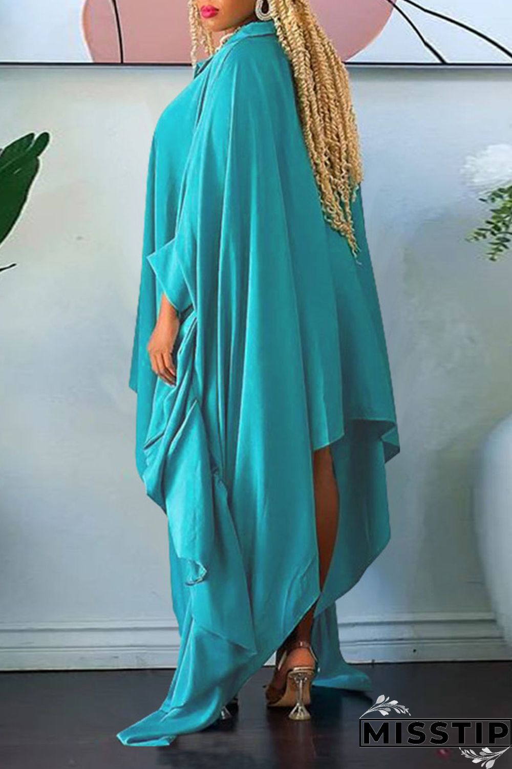 Green Casual Solid Patchwork Buckle Asymmetrical Turndown Collar Irregular Dress Plus Size Dresses