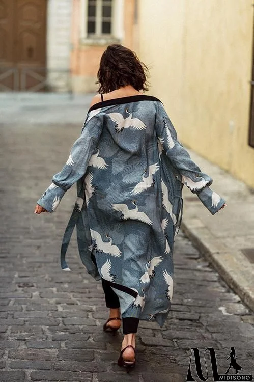 Crane Print Kimono Cardigan