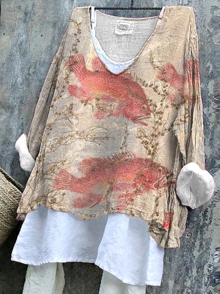Comstylish Japanese Art Gyotaku  Cozy Cotton Linen Shirt