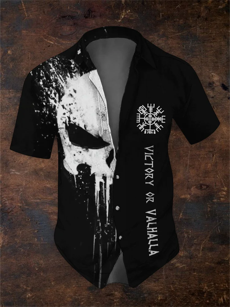 Men's Victory Or Valhalla Viking Vegvisir Skull Graffiti Shirt