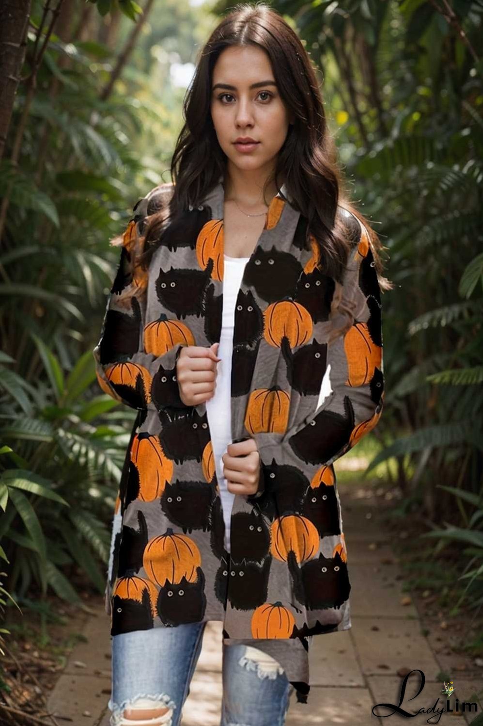 plus size halloween coat women s pus allover cat pumpkin print long sleeve open front medium stretch cardigan overcoat