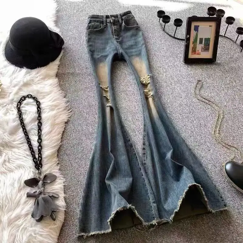 Wheelsraw American Vintage Perforated Big Flare Jeans Women Autumn New High Waist Spicy Girl Slim Fit Fishtail Floor Dragging Pants Female