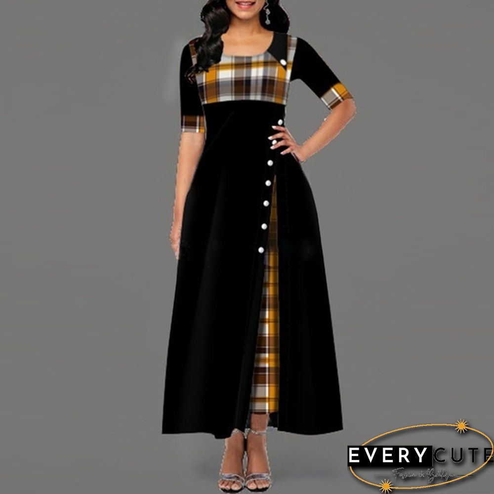 Women's Fashion Half Sleeve Elegant Long Dress Plaid Print Button Detail Maxi Dress Plus Size Xs-5Xl