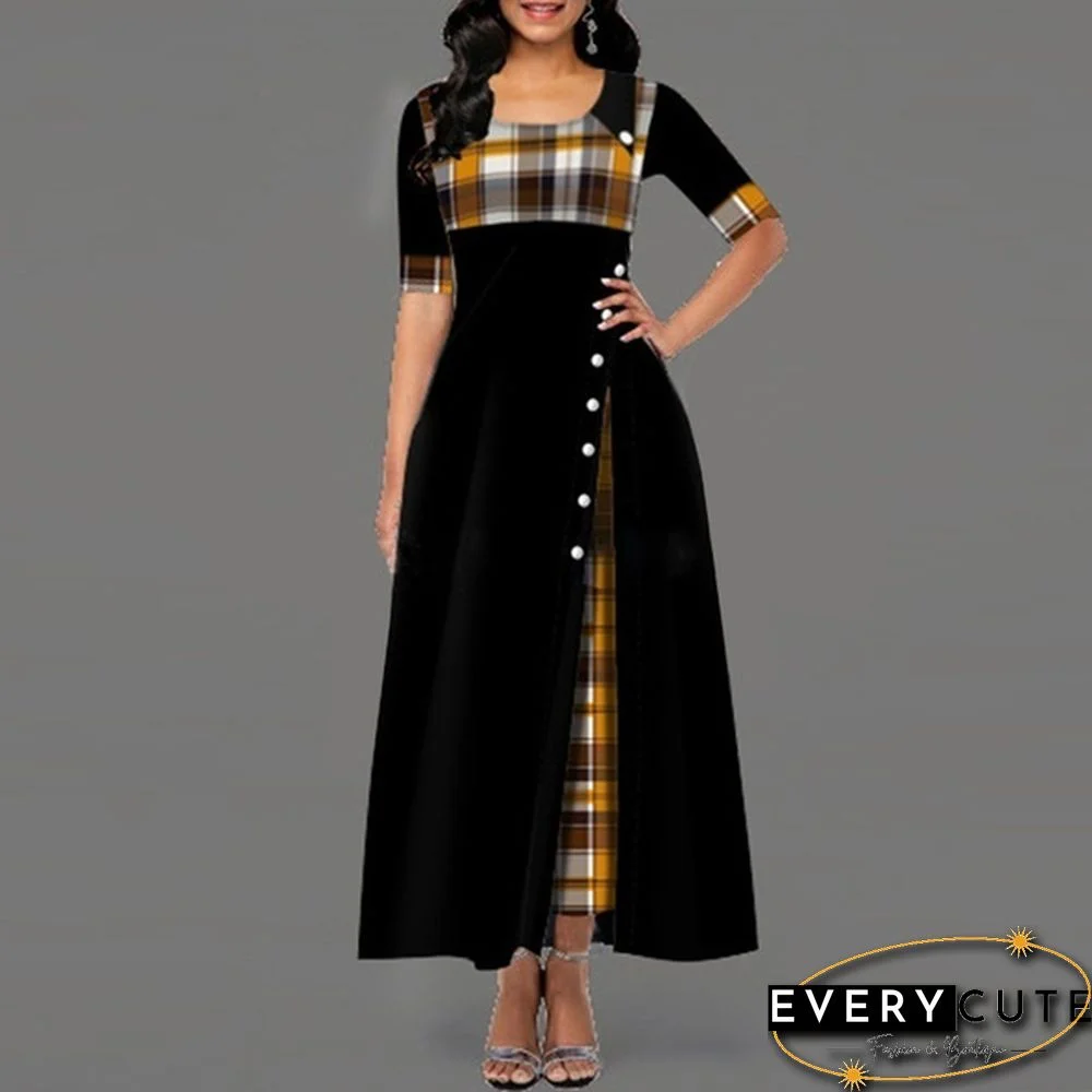 Women's Fashion Half Sleeve Elegant Long Dress Plaid Print Button Detail Maxi Dress Plus Size Xs-5Xl