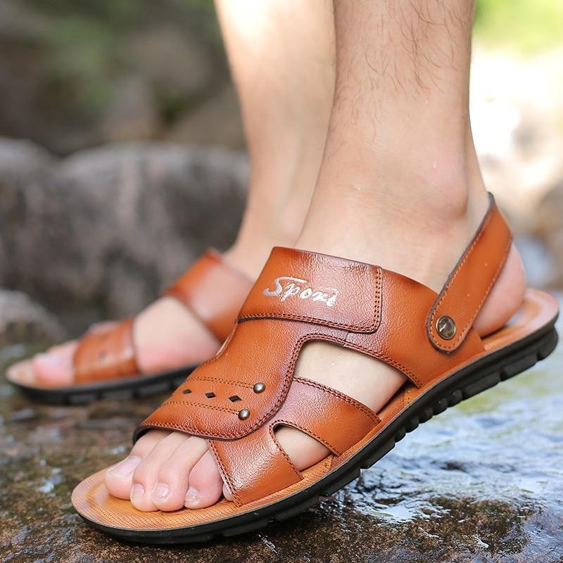 Big Size Men's Genuine Leather Sandals Non-Slip Slippers Flats Beach Shoes - VSMEE