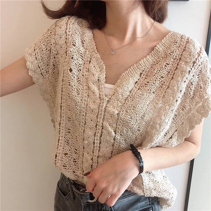 Uveng Uveng Hollow Knitted Vest Top Summer New Sleeveless Loose Retro Lotus Lace Vest Women Wear