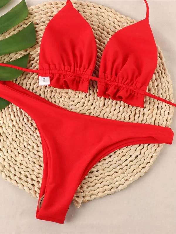 Ruffled Plain Bikinis Swimwear