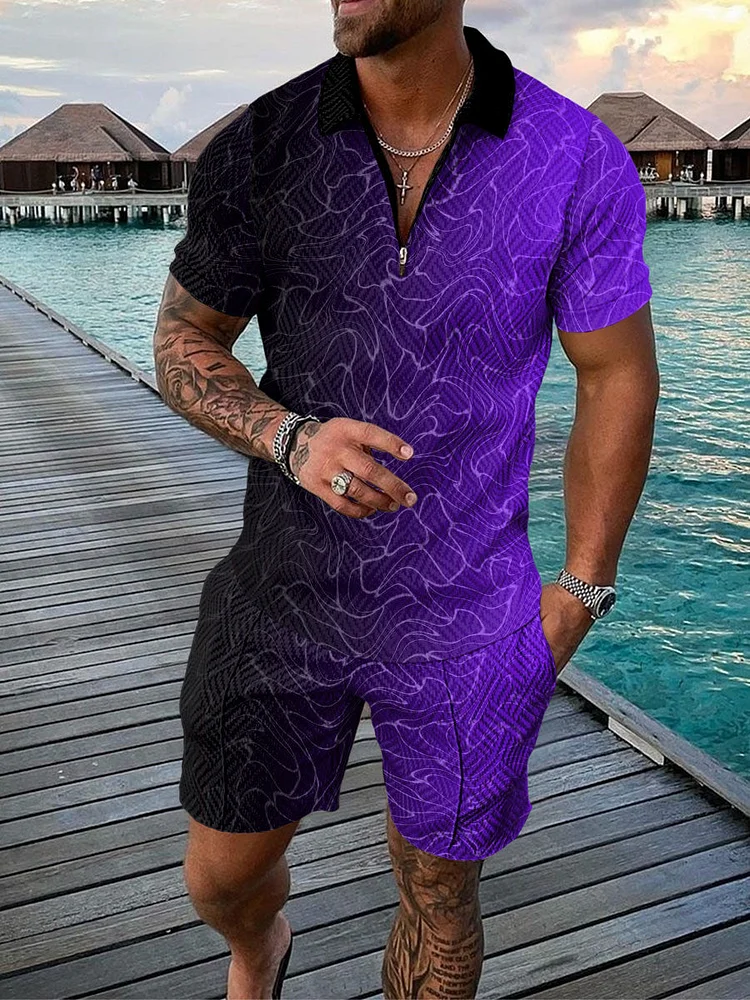 Men's Fashion Printed Zip Polo Shirt and Shorts Two-Piece Suits