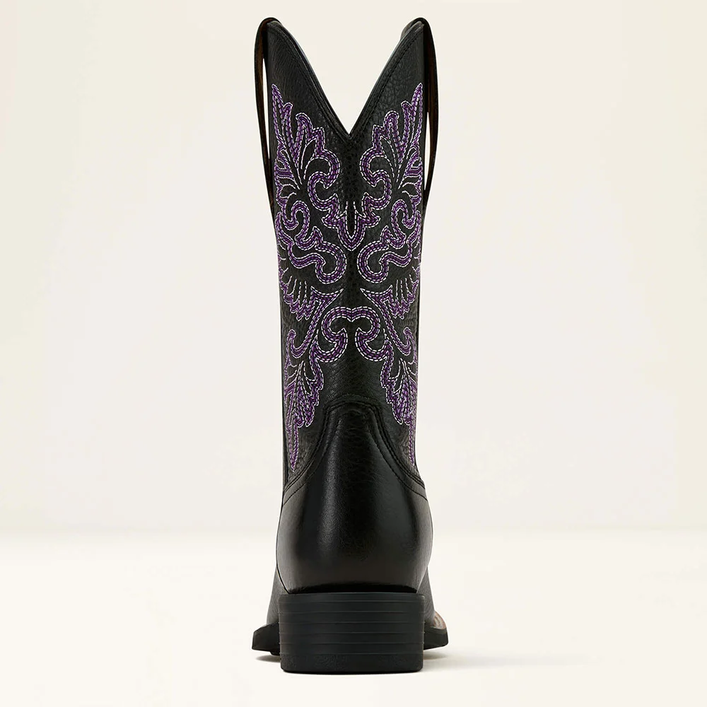 Black Square Toe Chunky Heel Cowgirl Boots with Purple Embroidery