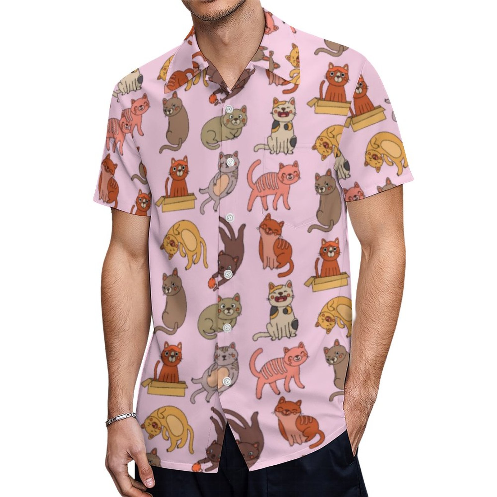 Cat Lovers Playful Cats On Pink Hawaiian Shirt Mens Button Down Plus Size Tropical Hawaii Beach Shirts