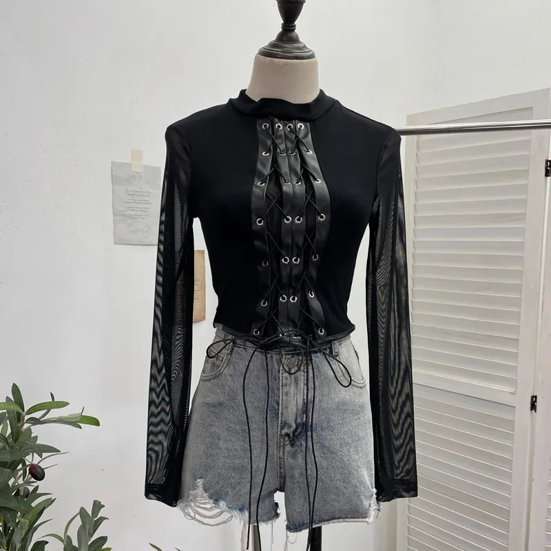Churchf Real Shoot Spice Girls Strap Spliced Pu Skin Repair Slim Semi-High Collar Long Sleeve Top Short T-Shirt 8886