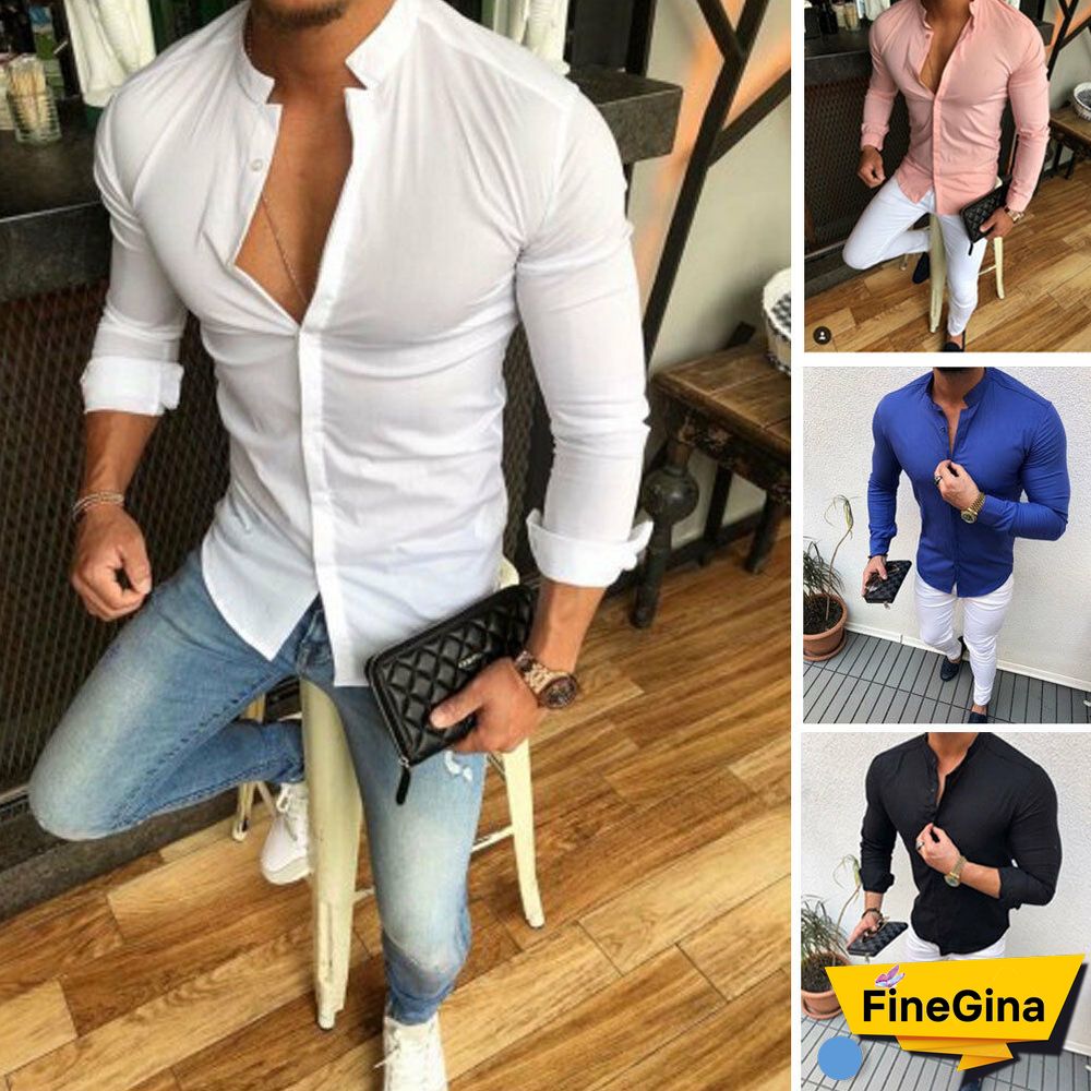 Men Long Sleeve Shirt Button Up Casual Top Male V-Neck Button Tee Shirts M-2XL