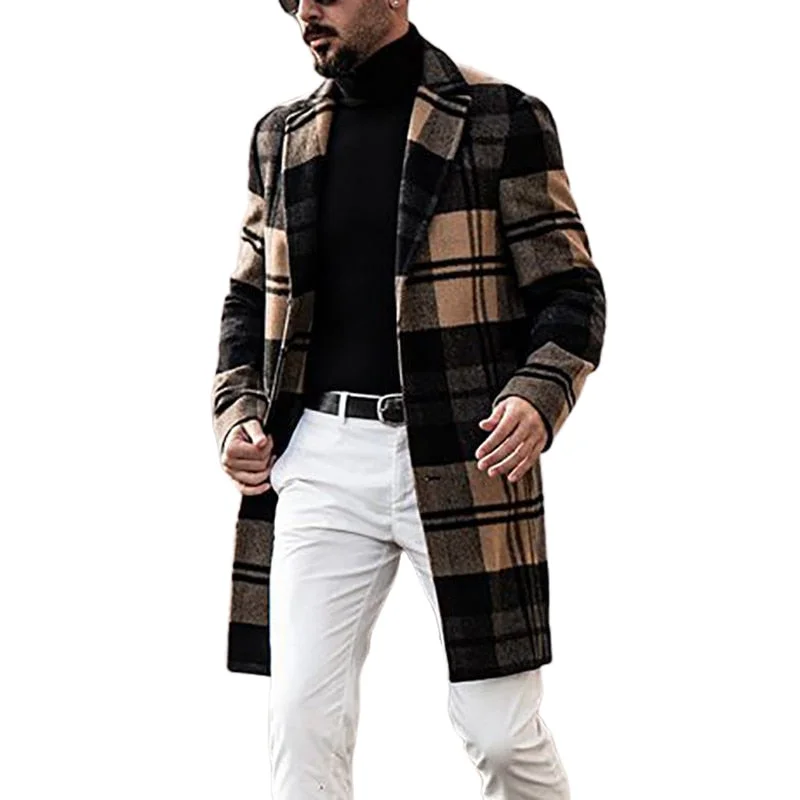 Aonga Men's Coats Autumn Casual Mid-Long Woolen Cloth Coat Man Slim Fashion Streetwear Plaid Trench Coat Men 2022