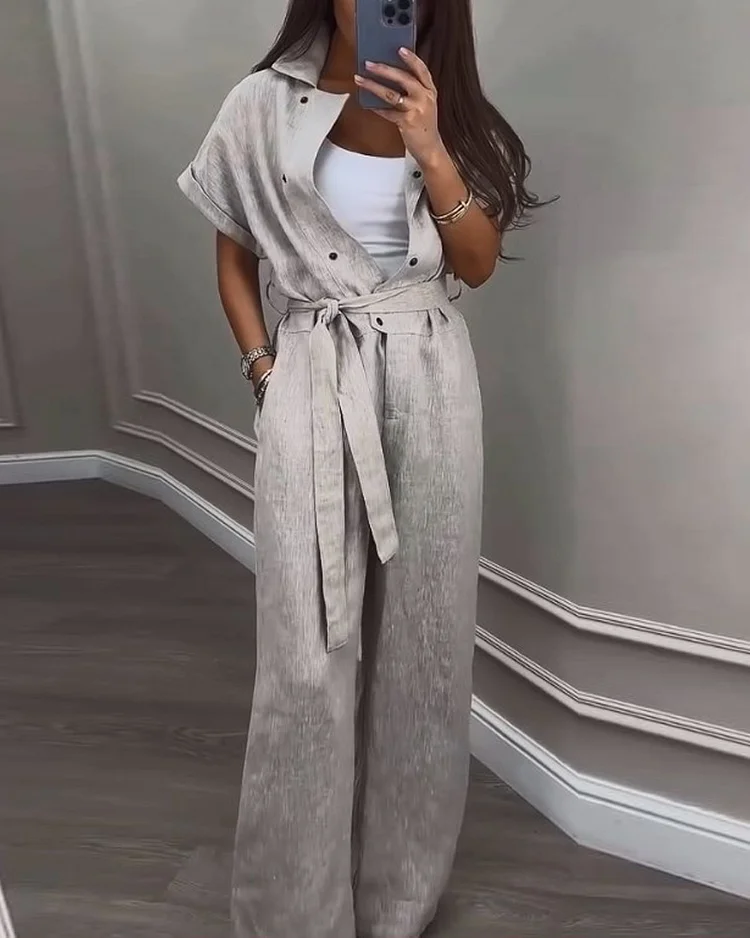 Lapel Short Sleeve Solid Color Jumpsuit