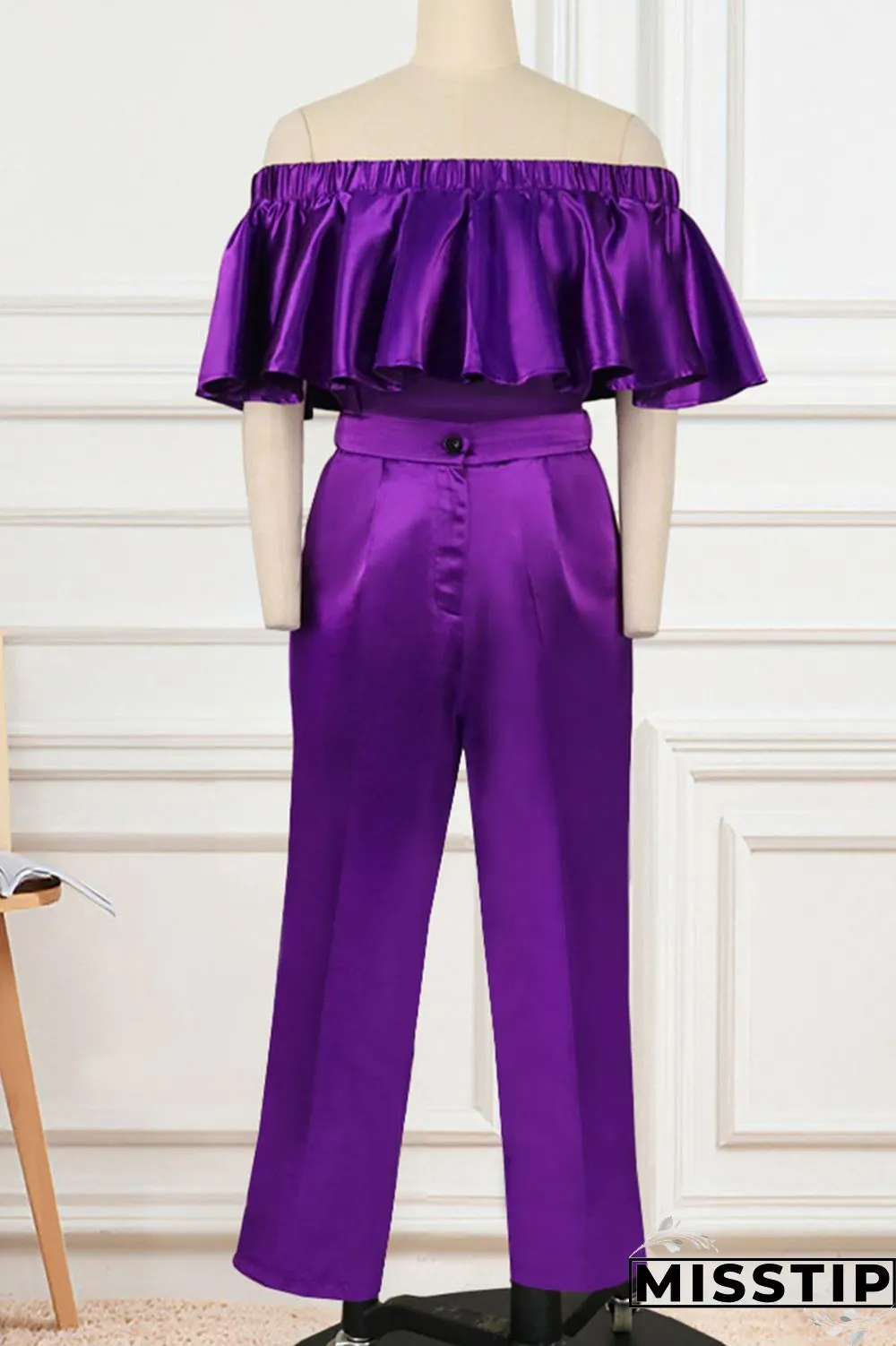 Purple Casual Solid Patchwork Flounce Off the Shoulder Half Sleeve Two Pieces