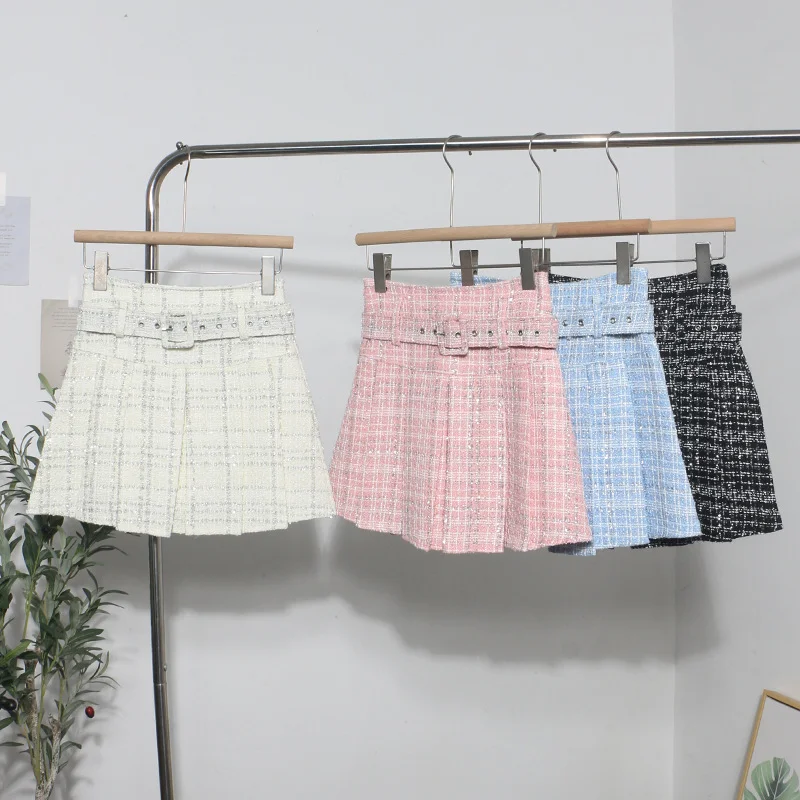 Uveng Real Shooting S-2XL With Belt Coarse Flowers, Composite Bright Lattice Skirt A Word Fluffy Bunk Skirt 1210