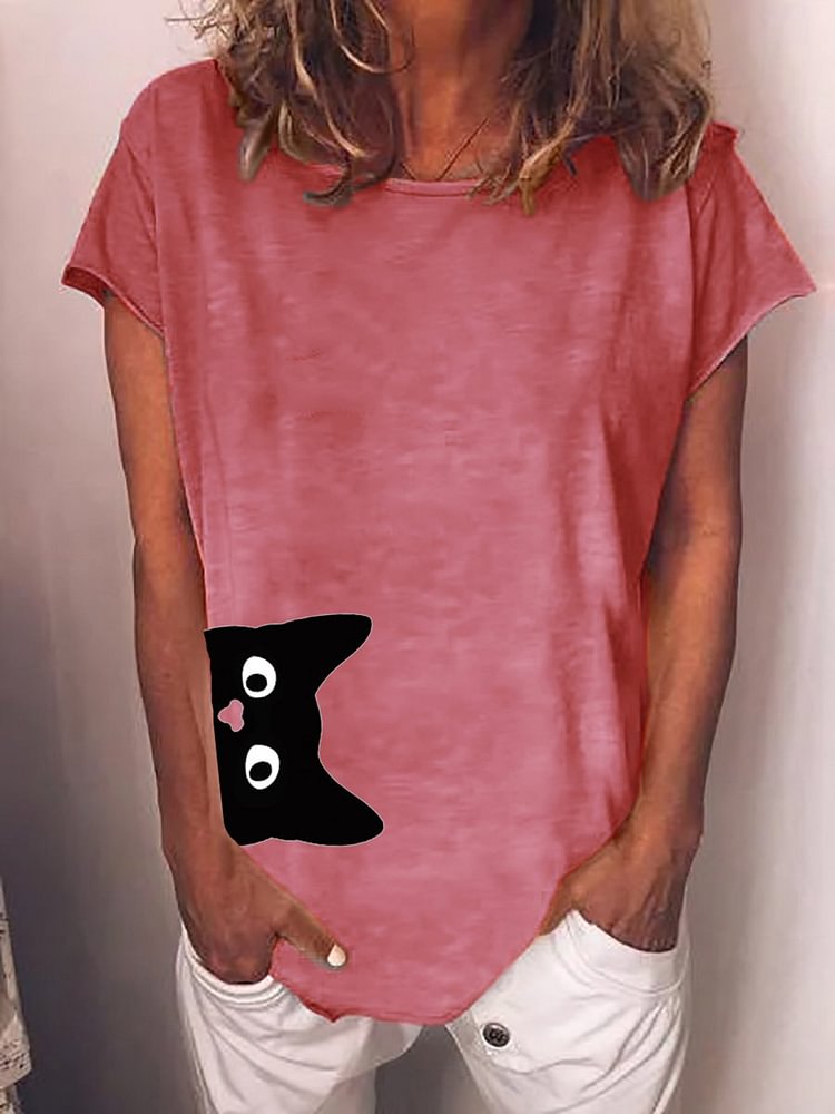 Bestdealfriday Black Cat Crew Neck Casual Short Sleeve Woman's T-Shirts Tops