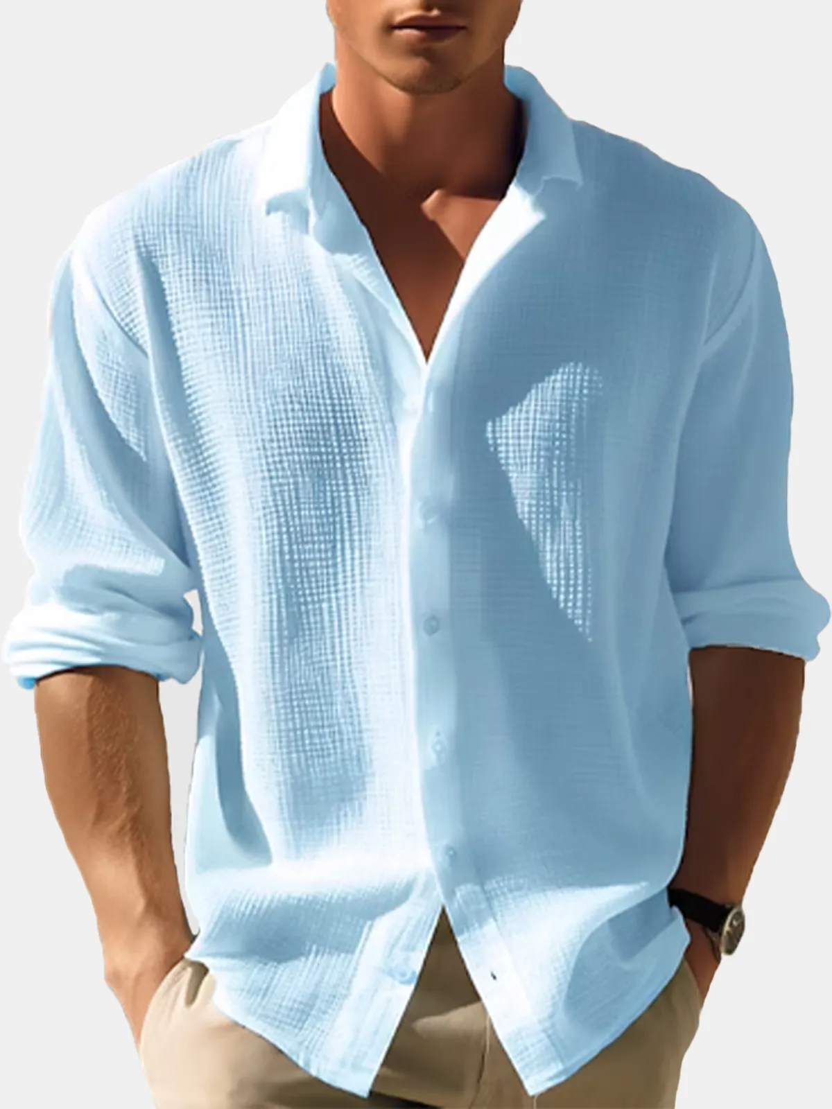 Men's Solid Color Comfortable Waffle Long Sleeve Shirt PLUSCLOTHESMAN