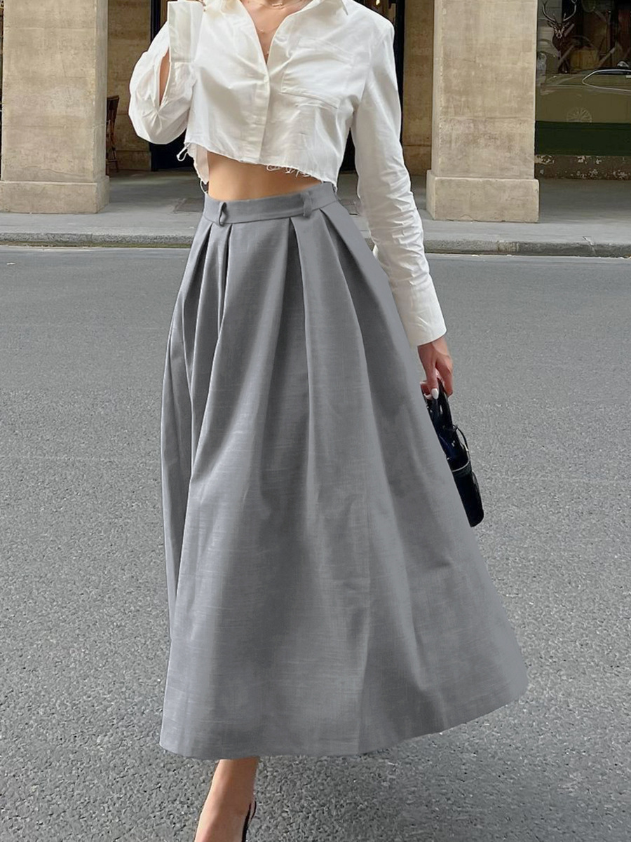 Pleated Solid Color High Waist Casual Maxi Skirt