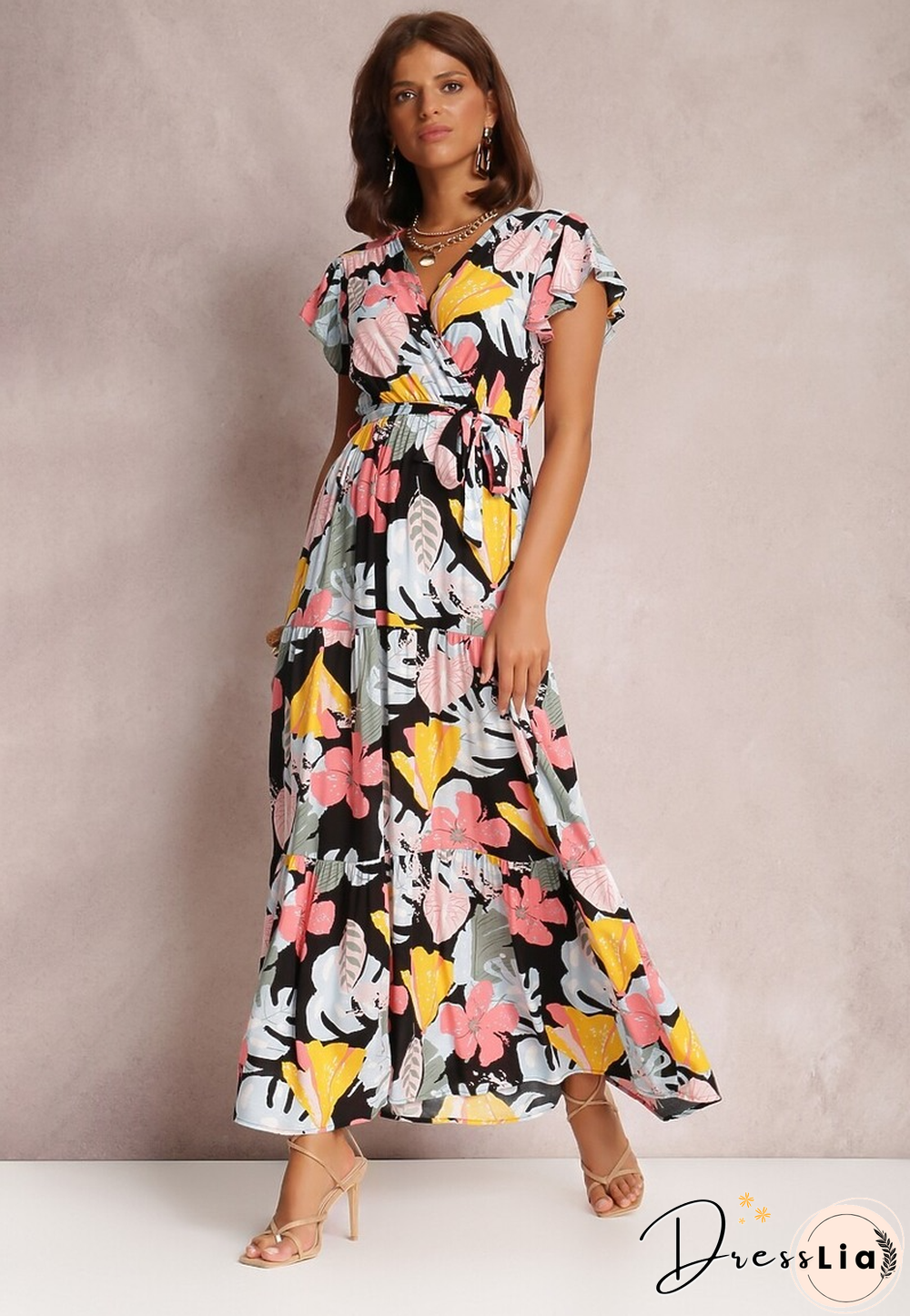 Elegant Floral Print Dress For Women Summer Dresses New Cotton V-Neck Lace-up Ruffle Short Flying Sleeve Maxi Dress