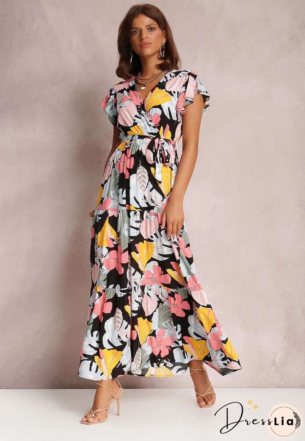 Elegant Floral Print Dress For Women Summer Dresses New Cotton V-Neck Lace-up Ruffle Short Flying Sleeve Maxi Dress