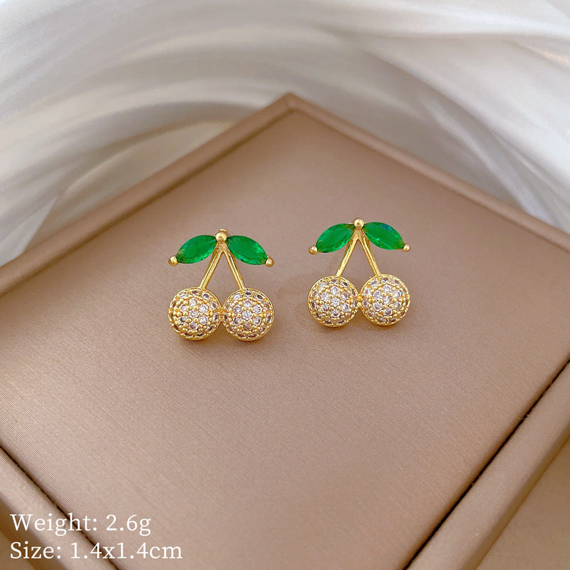 Green Leaf Cherry Necklace Earrings Set Micro-Inlaid Personalized Banquet Earrings And Necklace Combination