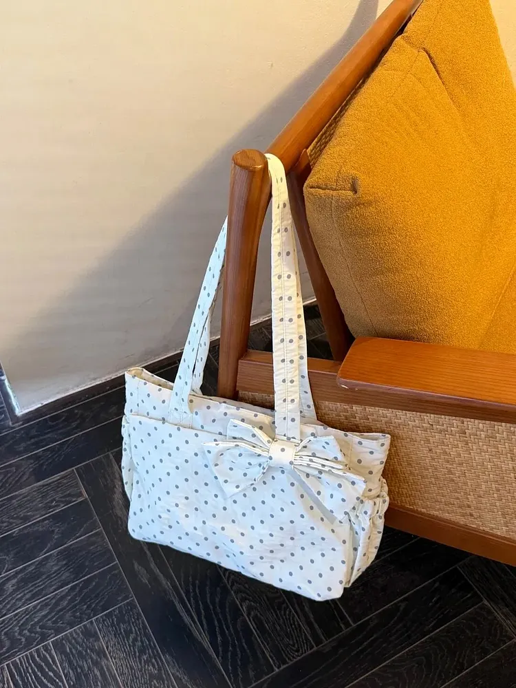Polka dot print canvas tote bag with bow decoration