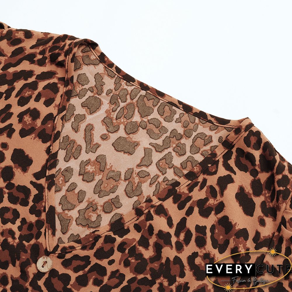 Khaki Leopard Print Tie Waist Flared Long Sleeve Dress