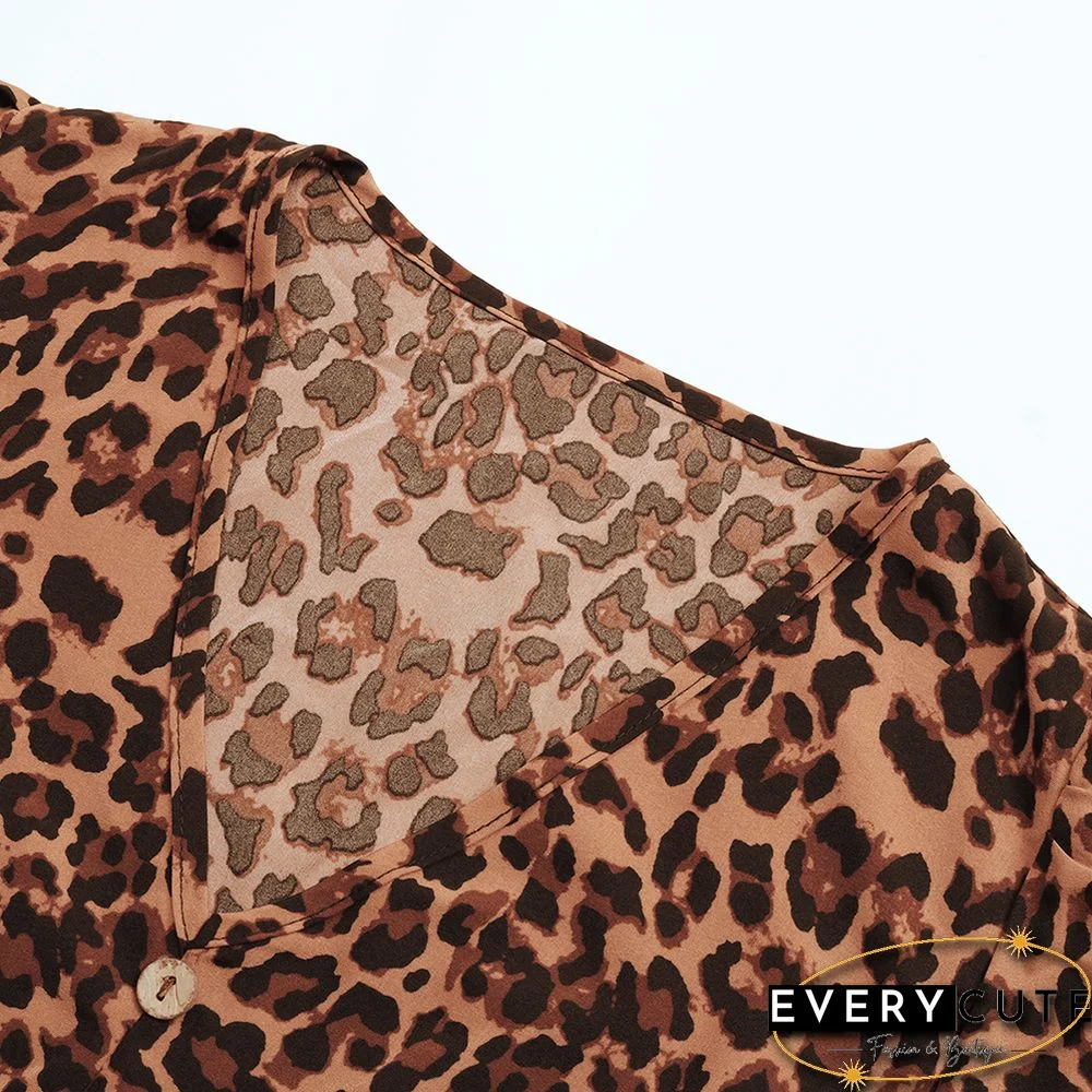 Khaki Leopard Print Tie Waist Flared Long Sleeve Dress