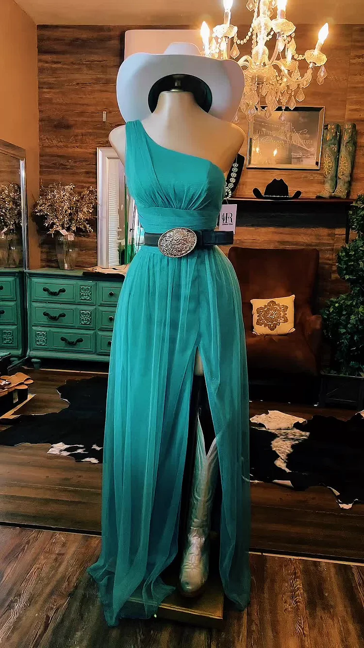 Moonlight Muse One-Shoulder Mesh Gown-Green